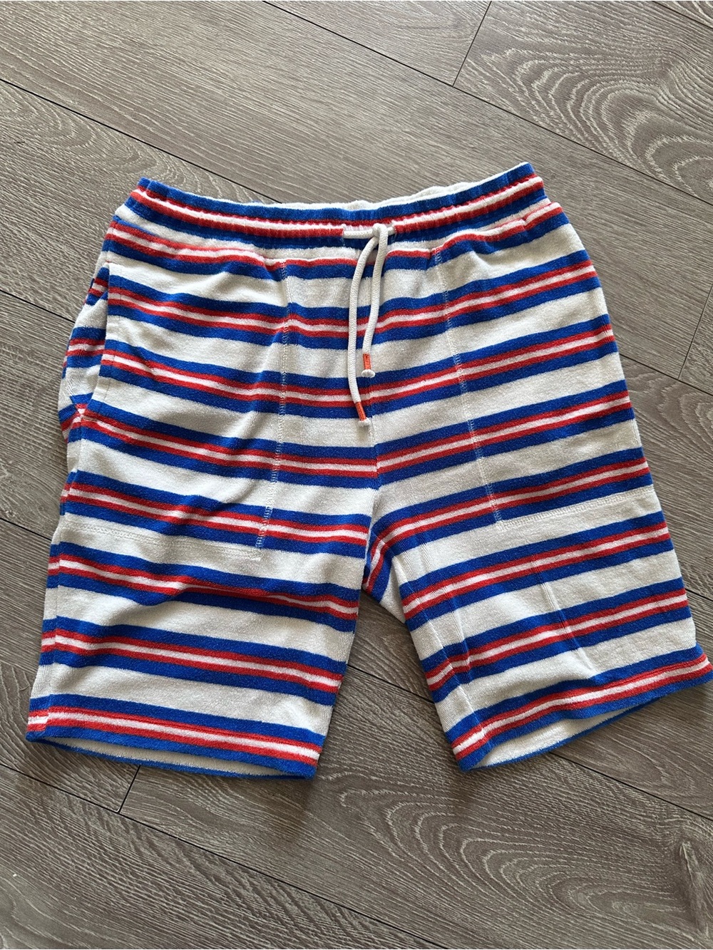 Boden Terry Cloth Kids Towely Striped Shorts in Blue, Red & White 13Y